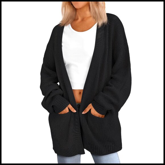 Sweaters - Oversized Knit Cardigan with Pockets, Soft, Slouchy Fit, Cuffed Sleeves